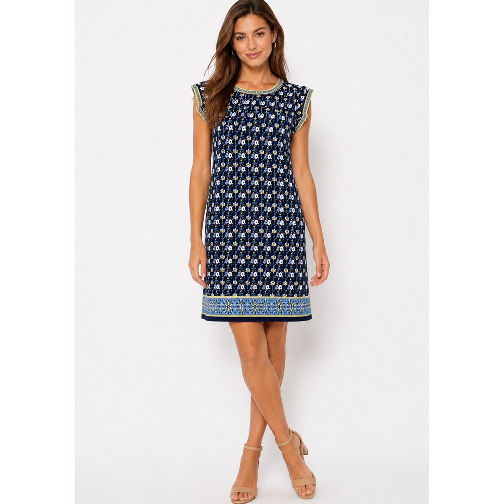 Sophie Max Navy Blue Floral Tulip Print Cap Sleeve Shift Dress 7904W55 Womens L